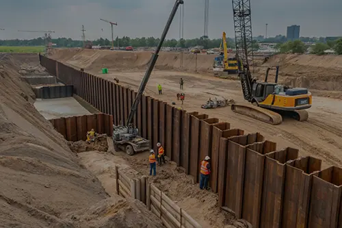 steel sheet piles installed as retaining wall support on a construction site