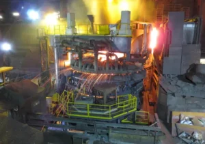 Electric arc furnace pouring molten steel at a certified mill producing steel sheet piles