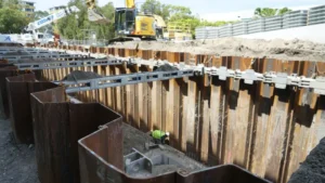 Deep excavation supported by steel sheet piles on a congested urban construction site