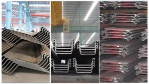 Steel sheet pile profiles stored inside the production plant