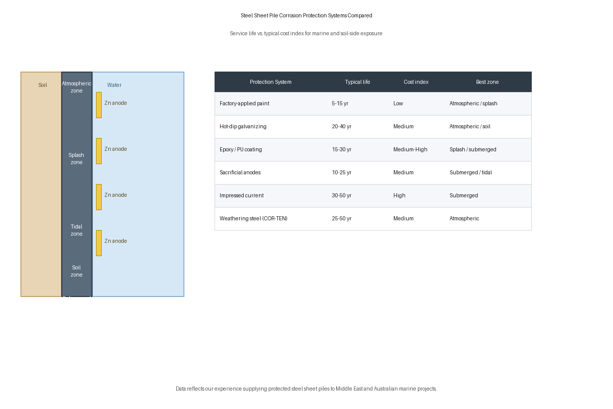 Comparison chart of steel sheet pile corrosion protection systems by service life and cost index