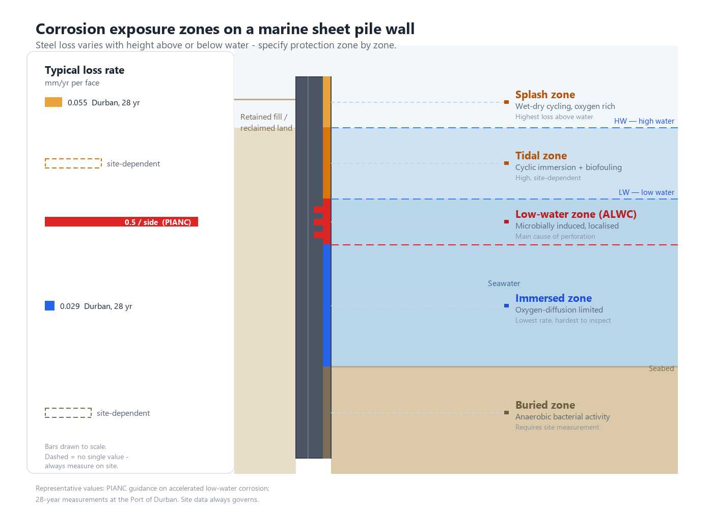 Diagram of the five corrosion exposure zones on a marine steel sheet pile wall, with typical loss rates per zone