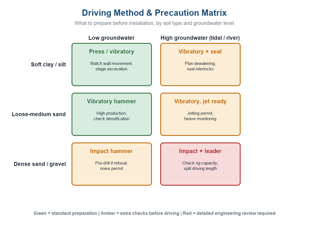 Driving method and precaution matrix by soil type and groundwater level