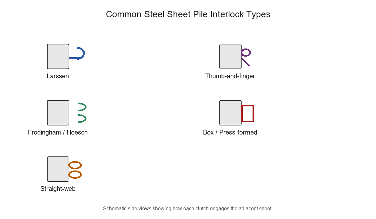 Common steel sheet pile interlock types diagram