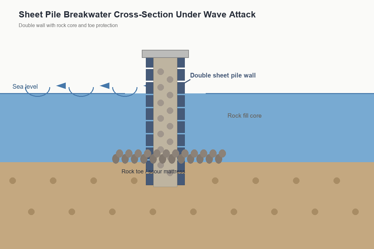 steel sheet pile breakwater cross section with wave load and scour protection