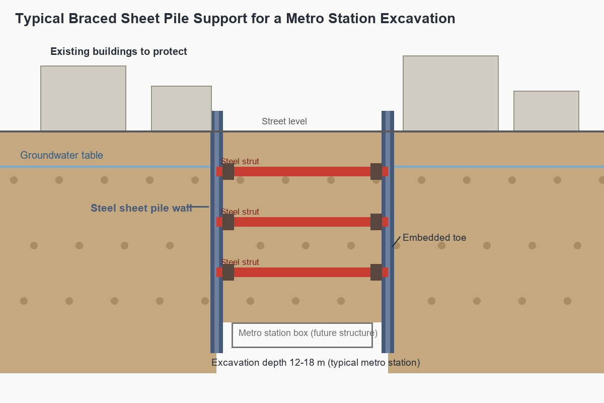 Braced steel sheet pile wall supporting a deep metro station excavation