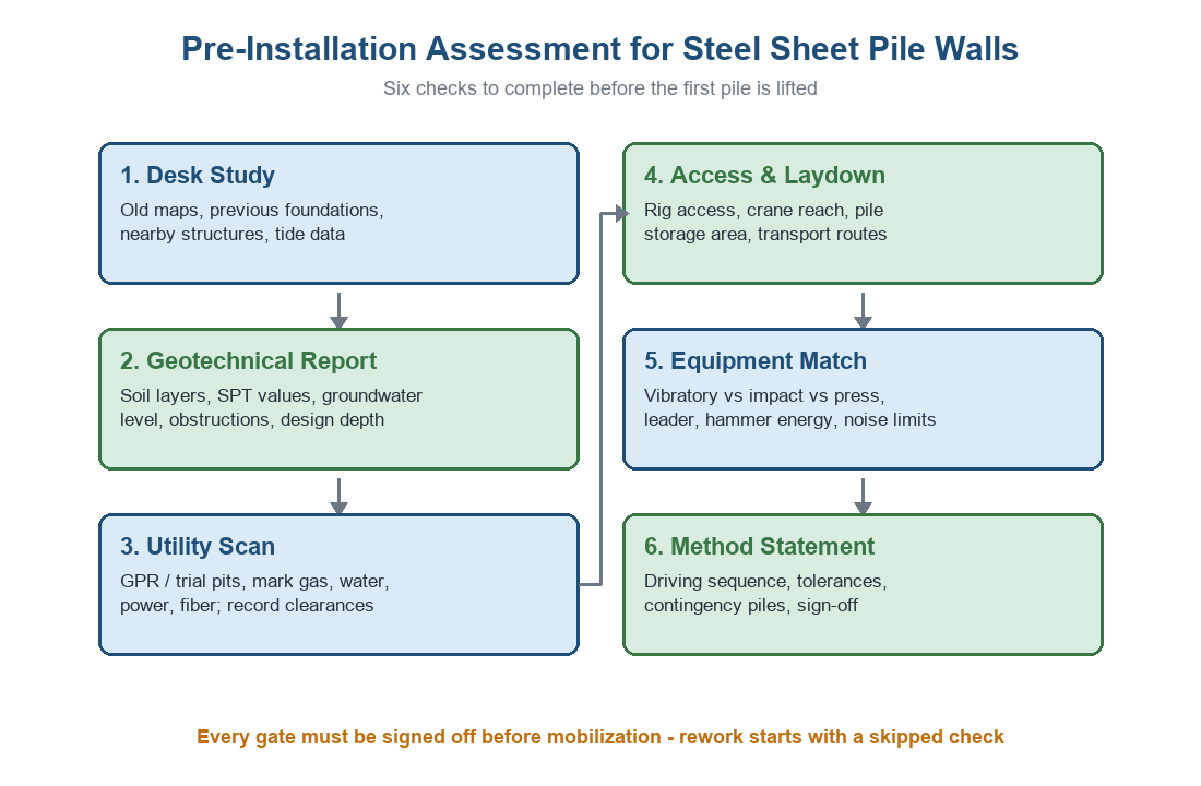 pre-installation assessment flowchart for steel sheet pile projects