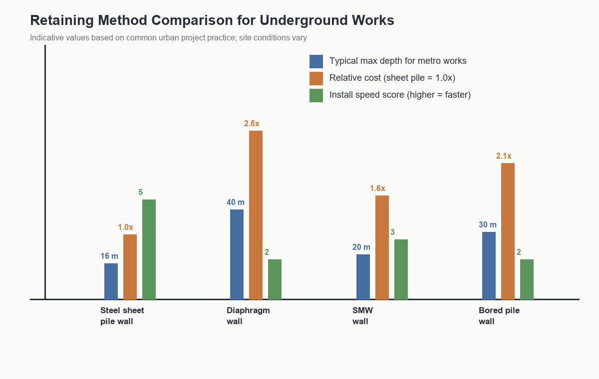 Retaining method comparison chart for underground engineering