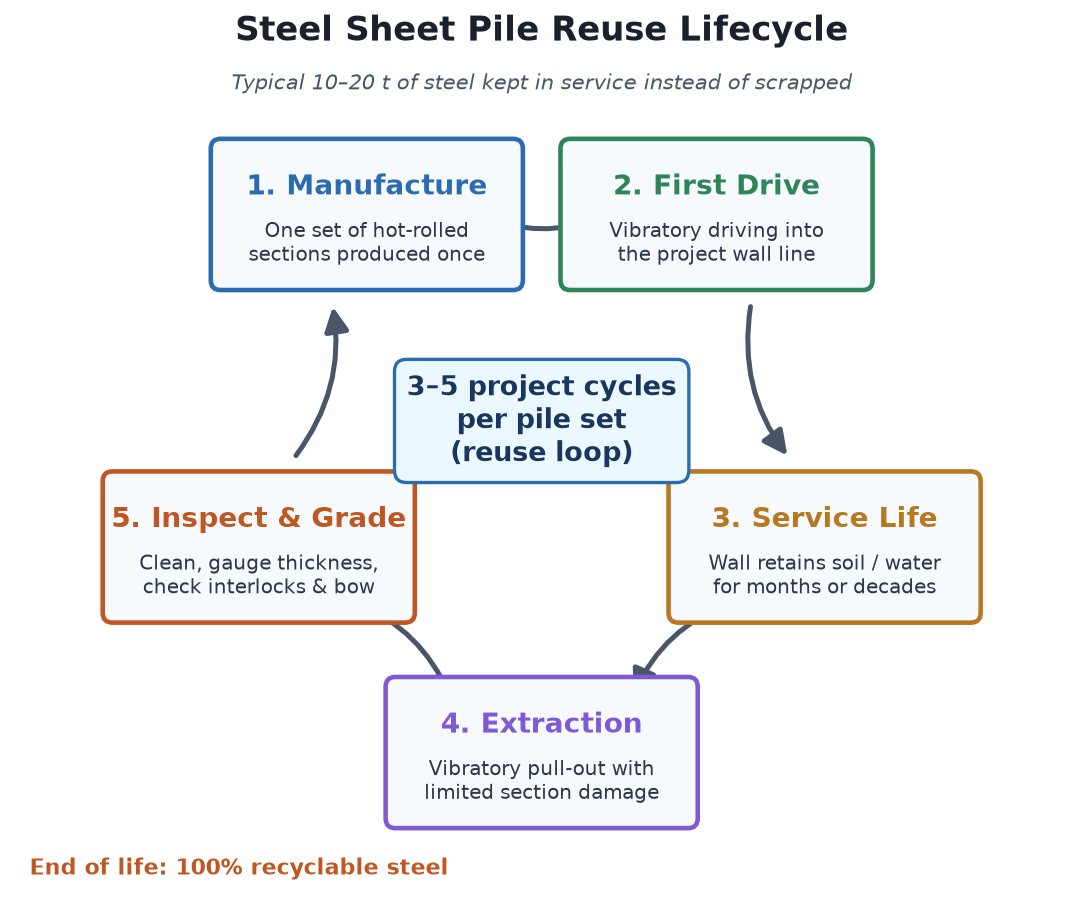 Lifecycle diagram of reusable steel sheet piles from manufacture to extraction and reuse cycles