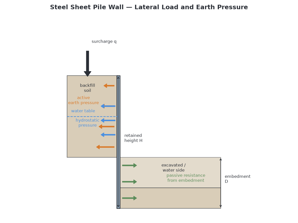 Active and passive earth pressure on sheet pile wall Diagram of a steel sheet pile wall showing active earth pressure, hydrostatic pressure, surcharge, passive resistance, retained height, and embedment depth