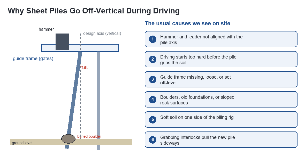 diagram of common causes of sheet pile tilt during driving