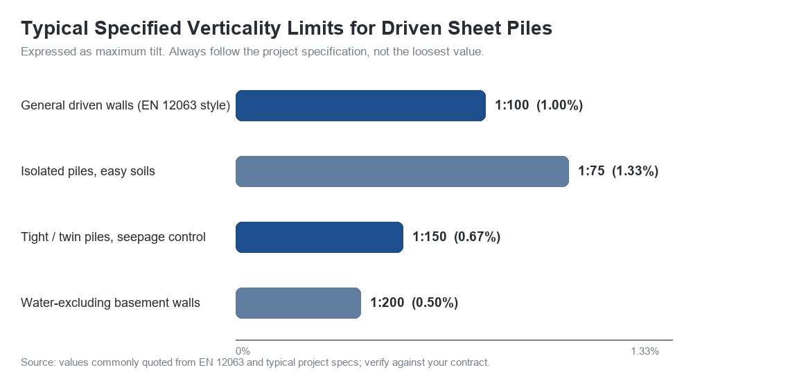 bar chart of typical specified verticality limits for sheet piles