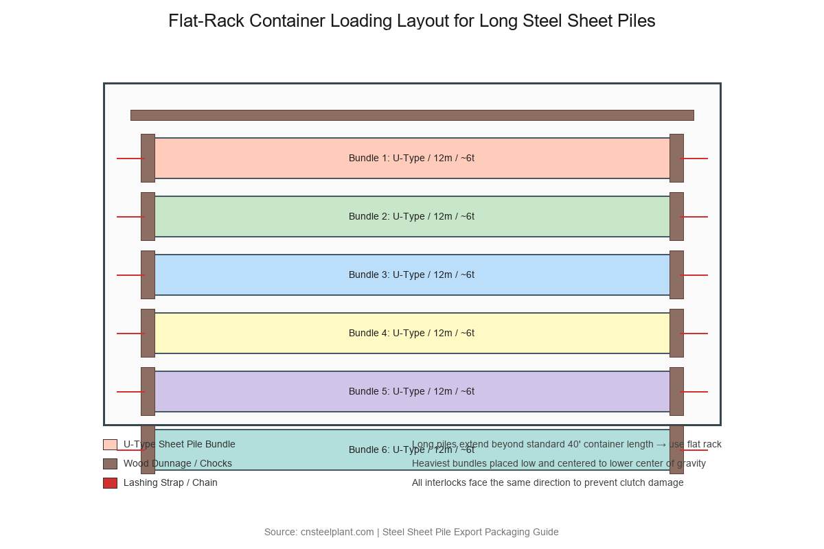 Flat Rack Container Loading Layout for Steel Sheet Piles Flat rack container loading layout for long steel sheet pile bundles with dunnage chocks and lashing