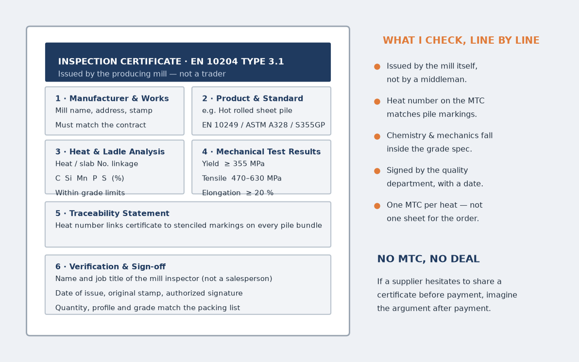 Annotated mill test certificate showing heat number, ladle analysis and mechanical results