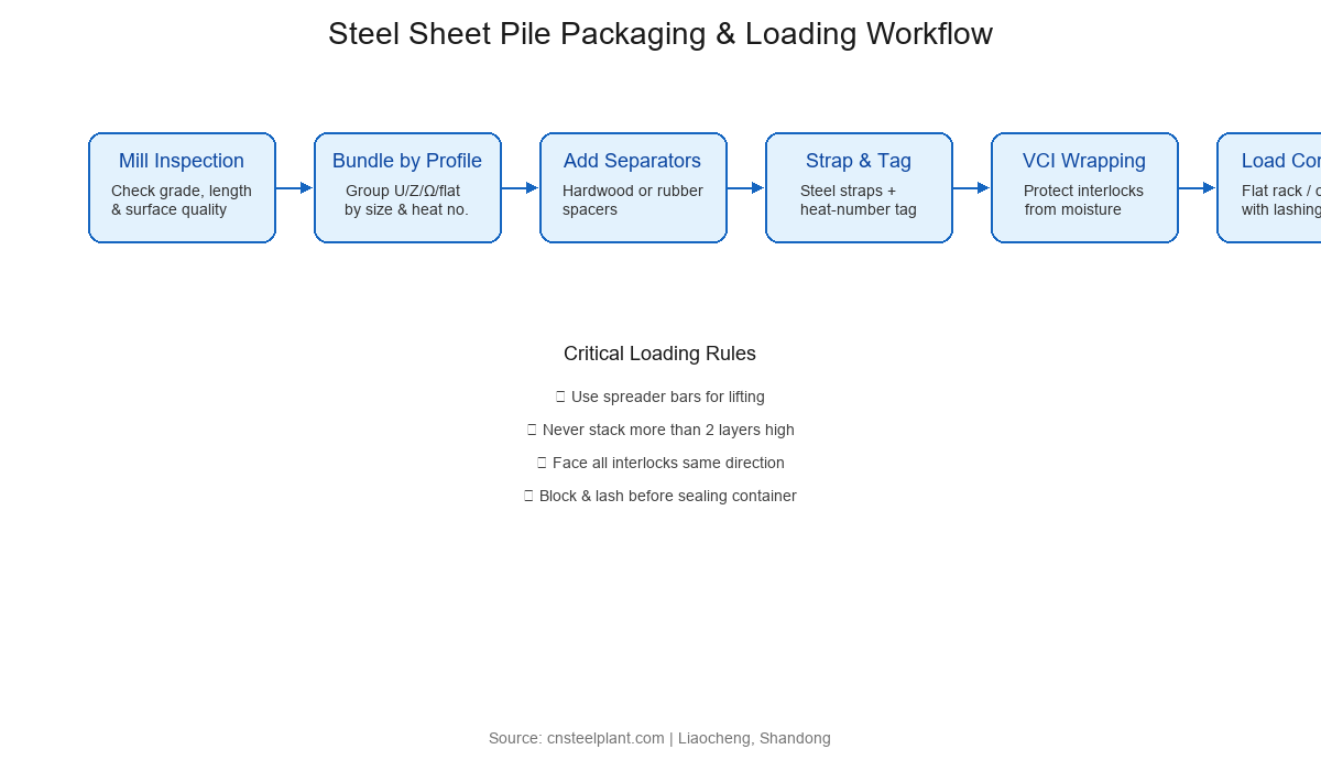 Steel Sheet Pile Packaging and Loading Workflow Six-step steel sheet pile packaging and loading workflow from mill inspection to container securing