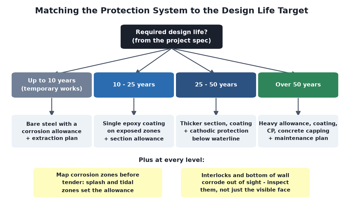 Service life decision flow for steel sheet pile protection systems