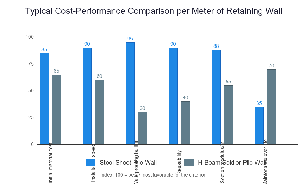 Cost and performance index comparison per meter of wall between steel sheet piles and H-beams