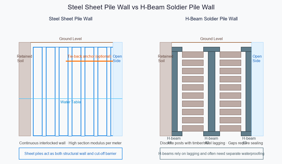 Cross-section comparison of steel sheet pile wall and H-beam soldier pile wall