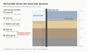 Cross-section diagram of a layered soil profile with a steel sheet pile wall, excavation, water table and embedment depth, with a layer-by-layer selection checklist