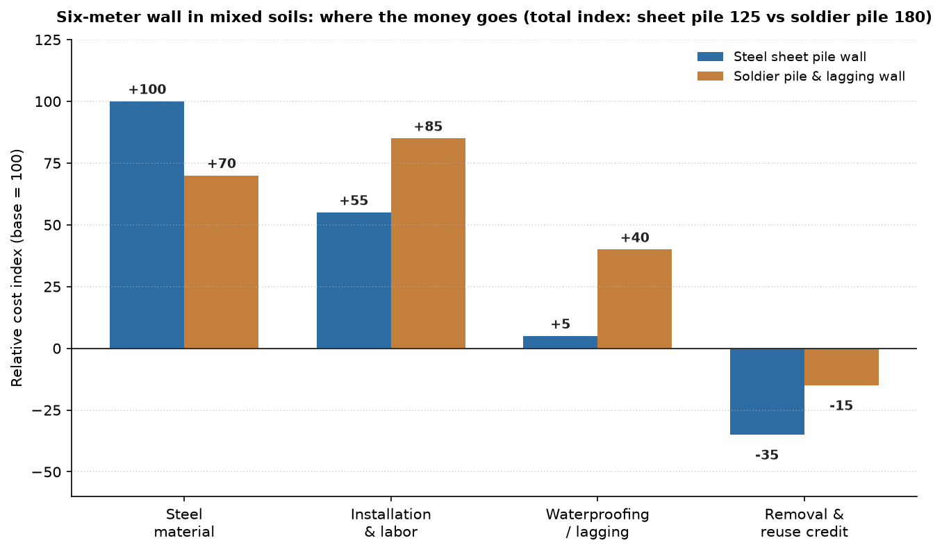 sheet pile vs soldier pile cost comparison chart Grouped bar chart comparing cost components of a sheet pile wall and a soldier pile wall in relative cost index