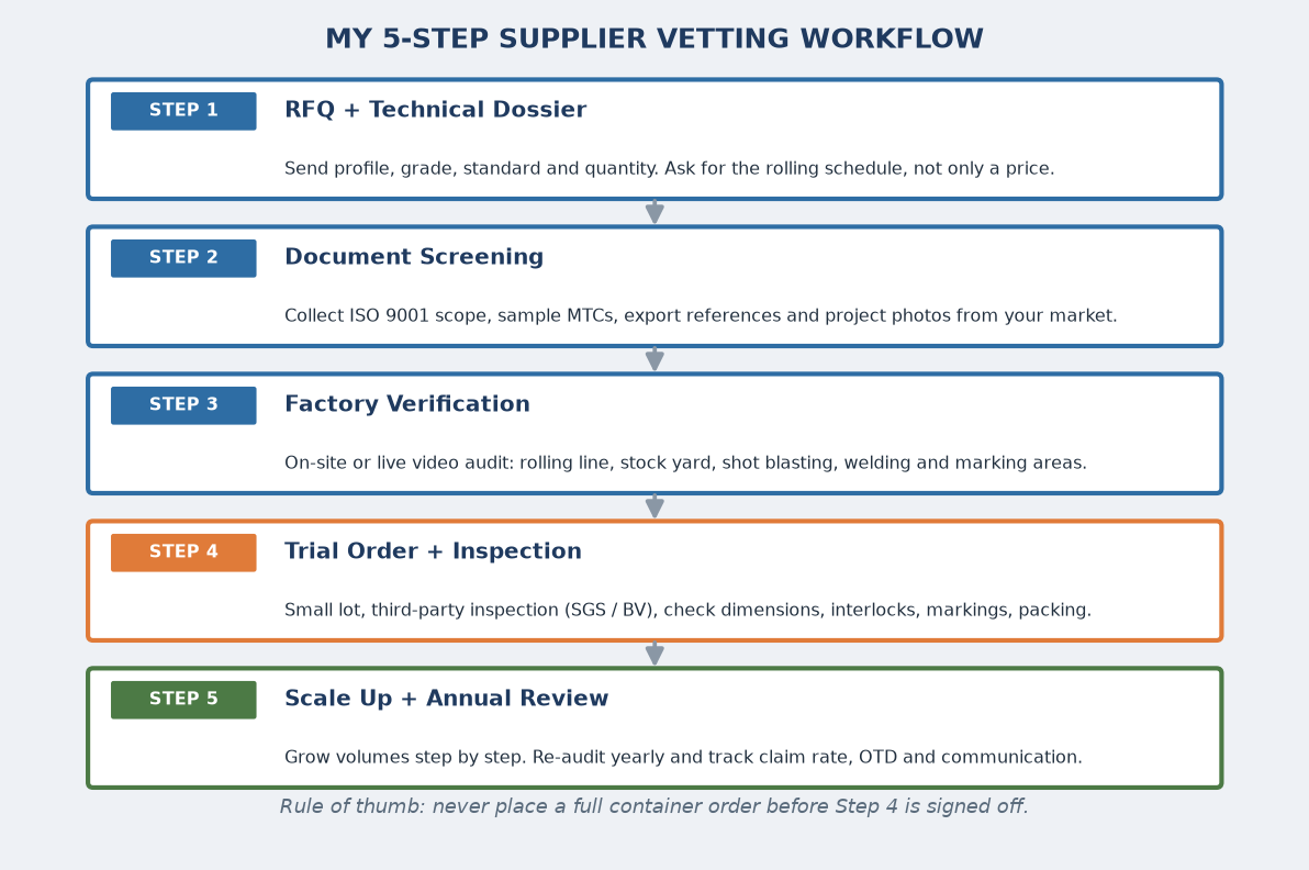 Five-step steel sheet pile supplier vetting workflow from RFQ to annual review