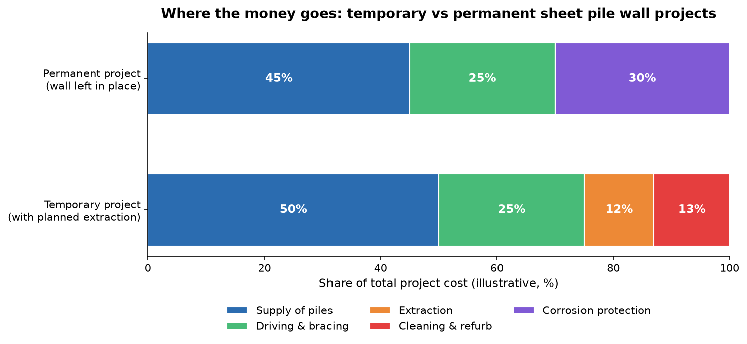 Stacked bar chart comparing cost structure of temporary versus permanent steel sheet pile projects